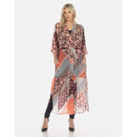 Johnny Was Roslyn Astrid Patchwork Dress Belted Midi Peach Brown Coral S - Picture 1 of 9